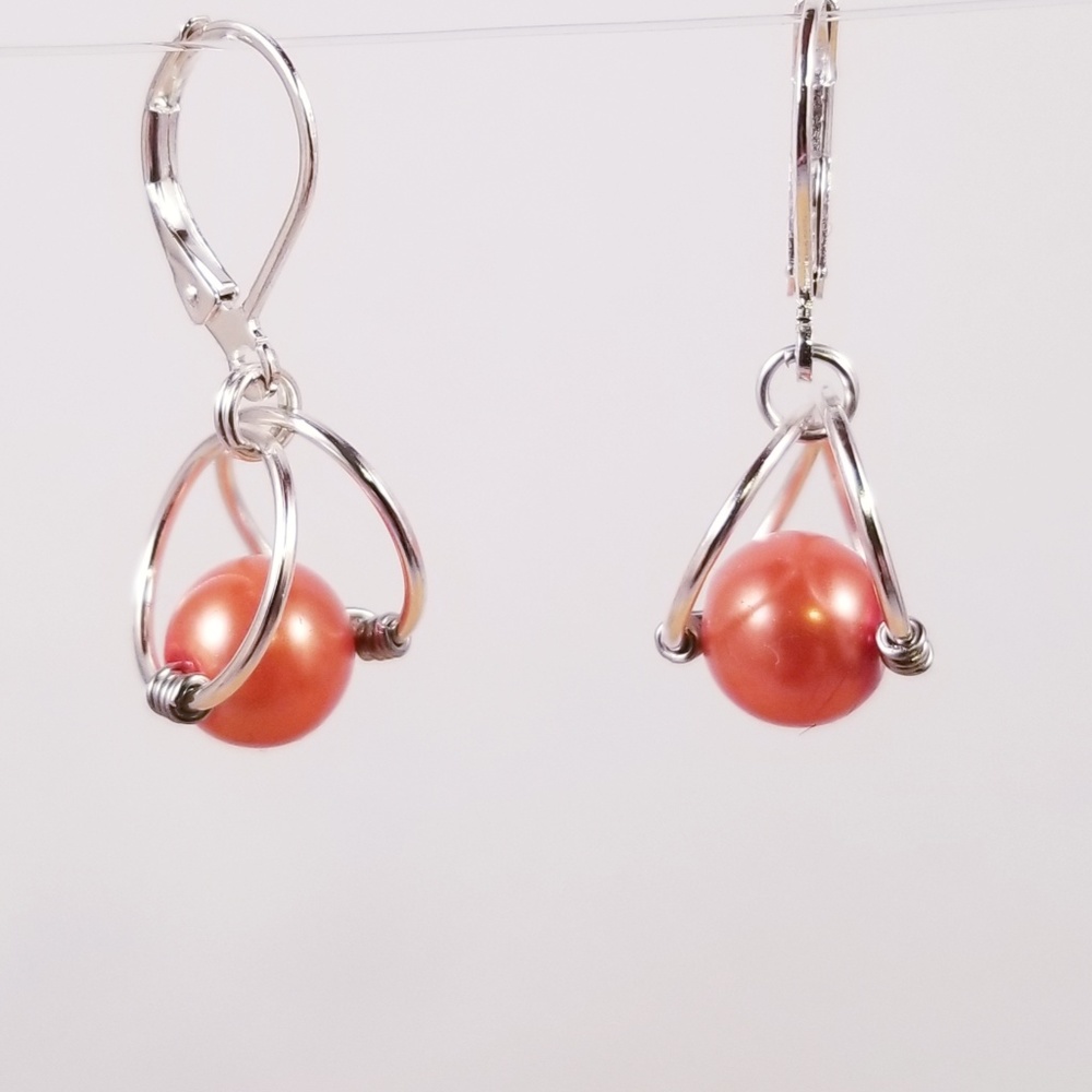 Glass Apricot Orange Pearl Silver Earrings